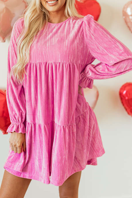 Pink Flounce Sleeve Tiered Ruffled Velvet Mini Dress