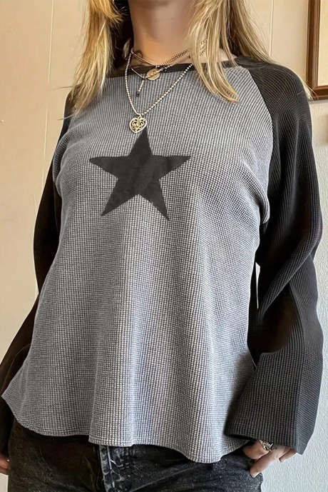 Gray Waffle Knit Colorblock Star Patch Graphic Raglan Top