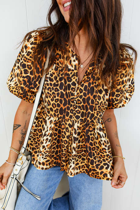 Leopard Print Short Puff Sleeve Slit Neck Babydoll Blouse LC25135484-P220