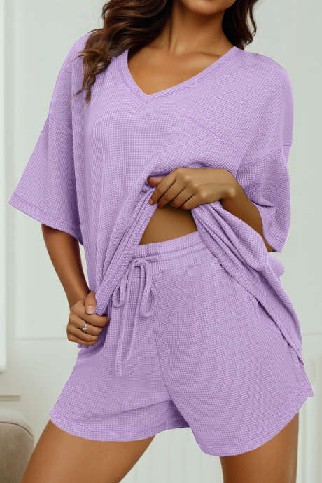 Orkidean terälehti yksivärinen vohvelikuvioinen V-aukkoinen irtonaiset t-paidat kiristysnyörillä