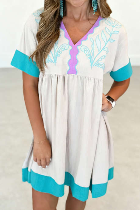 ホワイトフローラル刺繍ディテールカラーブロックトリムVネックカジュアルショートドレス