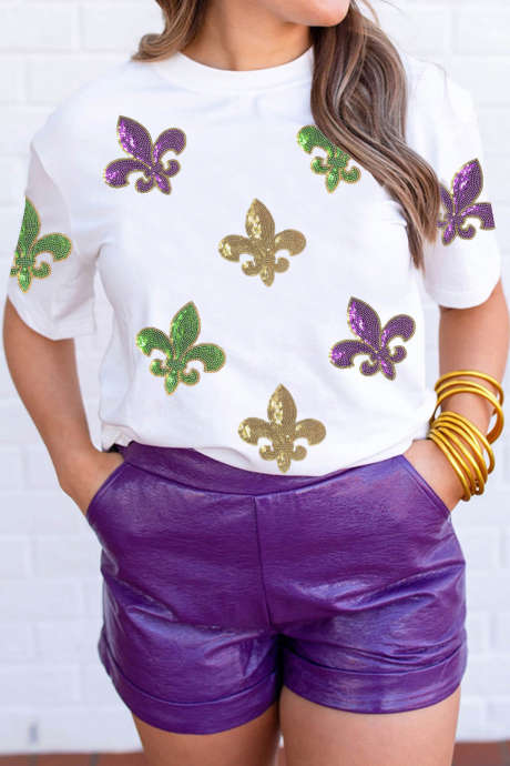 White Mardi Gras Fleur De Lis Sequin Graphic T Shirt