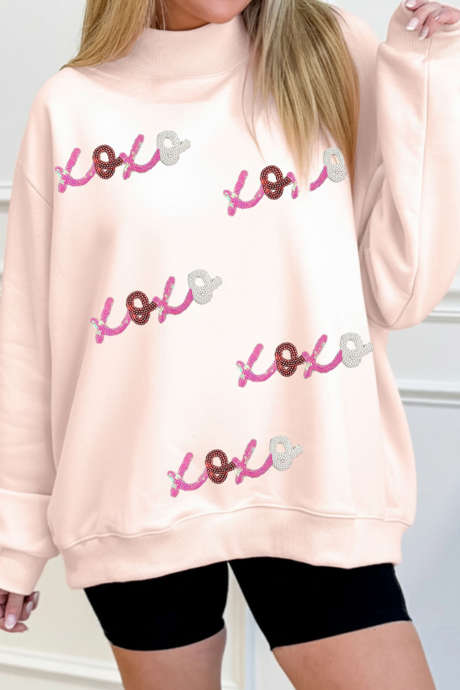 Apricot Pink Sequin xoxo Patched Mock Neck Oversize Sweatshirt