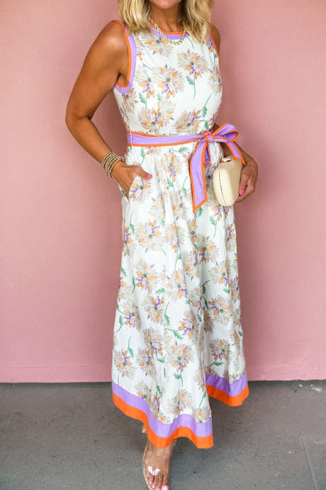 White Floral Print Color Block Trim Belted Sleeveless Maxi Dress