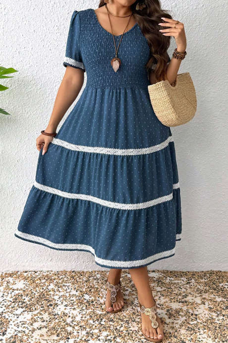 Dusk Blue Plus Size V Neck Swiss Dot Lace Patchwork Detail Flared Midi Dress