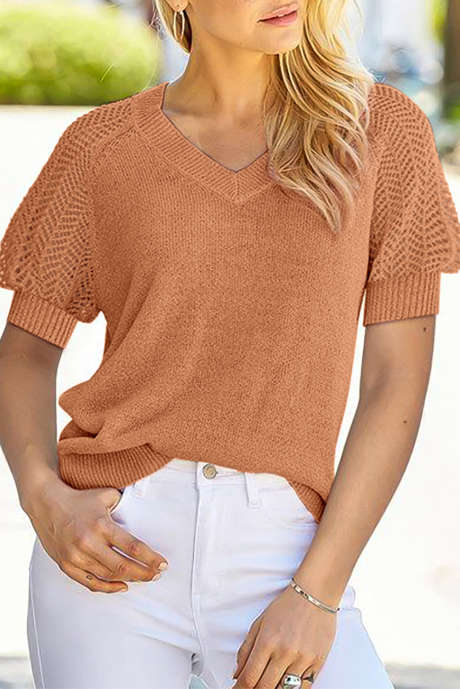 Zlat plamen enobarvni pleteni kontrastni votlejši pulover s kratkimi rokavi in ​​V-izrezom LC2724612-P5014