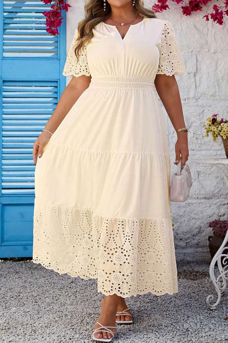 Apricot Plus Size V Neck Lacy Embroidery Patchwork Short Sleeve Maxi Dress