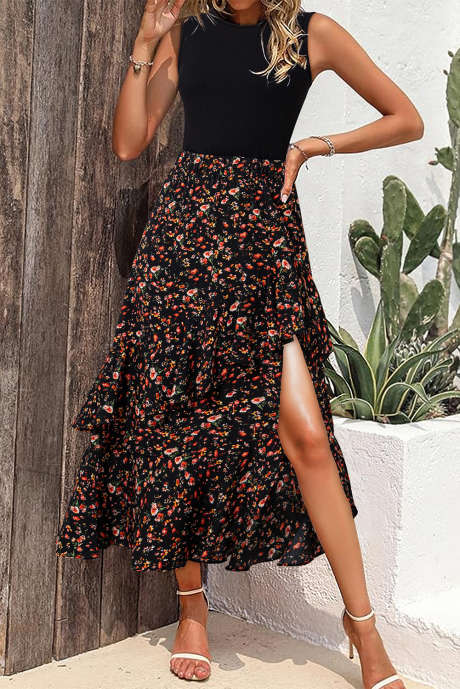 Black Floral Patchwork Asymmetric Ruffle Skirt Solid Tank Bodice Cocktail Dress