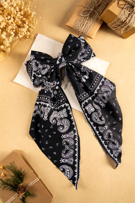 Black Boho Paisley Floral Print Silky Ribbon Bow Hair Clip