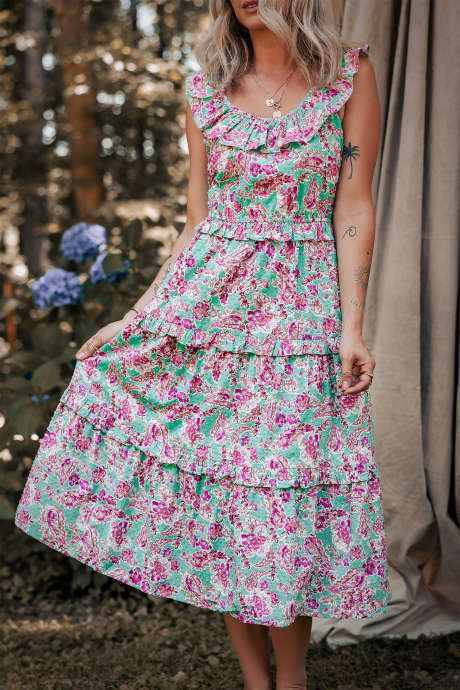 Vestido midi em camadas com estampa floral boho multicolorida, detalhes em babados e gola redonda.