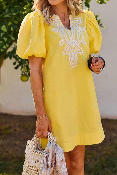 Yellow Cream Short Bubble Sleeve Embroidered Detail V Neck Shift Mini Dress