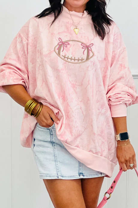 Pink Oversize Rugby Embroidered Camo Mock Neck Sweatshirt