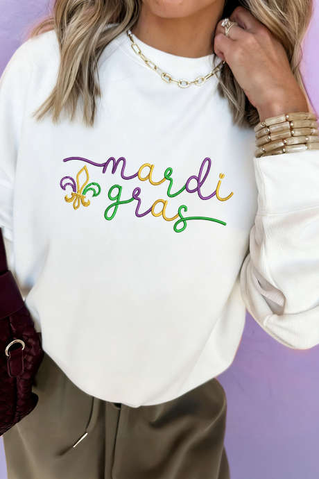 Biała bluza z haftem Fleur De Lis z motywem karnawałowym