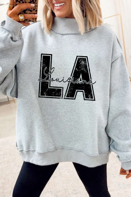 Light Grey LA Letter Print Reversible Double Wear Mock Neck Sweatshirt