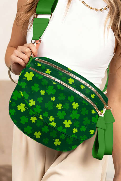 Sac bandoulière double fermeture éclair en forme de croissant, imprimé trèfle porte-bonheur vert foncé de la Saint-Patrick BH031562-P309