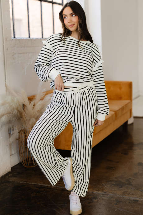 White Stripe Ruffle Trim Drop Shoulder Top Drawstring Loose Pant Set LC628389-P119