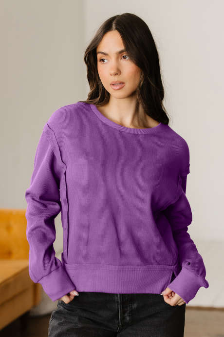 Mikina s žebrováním a sníženými rameny v jednobarevné barvě s patchworkovými švy a orchidejovou mlhou