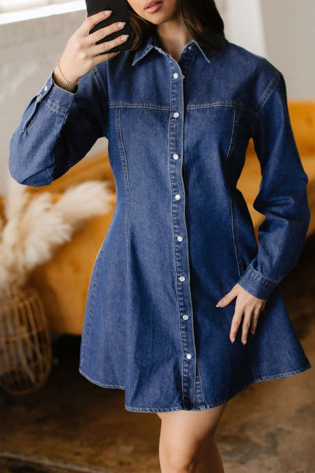 Ashleigh Blå Denim Skjortekrage Langermet Utsvingt Minikjole