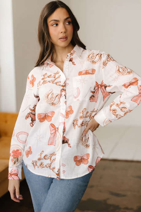 Chemise boutonnée blanche à imprimé cowgirl style western LC2556545-P120