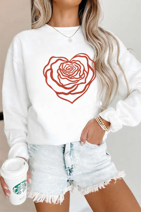 Bela pulover s spuščenimi rameni in bleščečim folijskim potiskom Love Rose