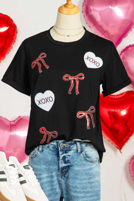 T-shirt ample à paillettes avec nœud papillon noir et cœur XOXO pour la Saint-Valentin LC25230467-2