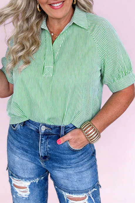 Mintunvihreä plus-kokoinen raidallinen printtikaulusinen v-aukkoinen lyhythihainen pusero