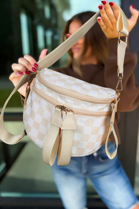 Oatmeal Checkered Print Multi Pocket Zipped Canvas Crossbody Bag BH031490-P1015