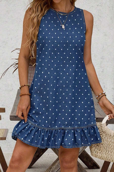 Robe mini en jean à pois bleus et boutons, sans manches, ourlet à volants et imprimé à pois bleus