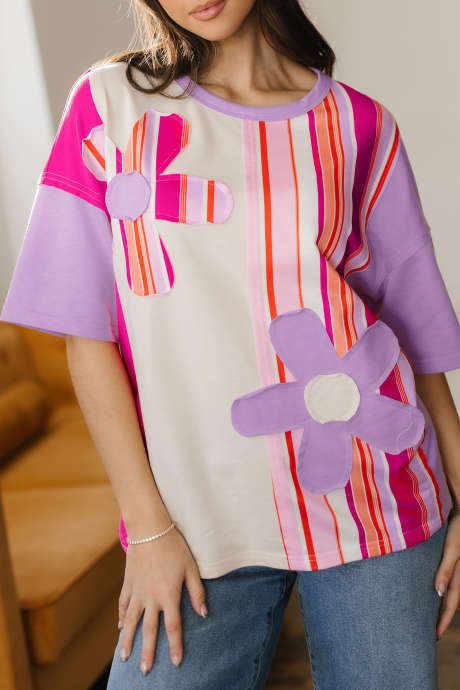 Pink Striped Color Block Flower Patched Half Sleeve Loose Top LC25135251-P1022