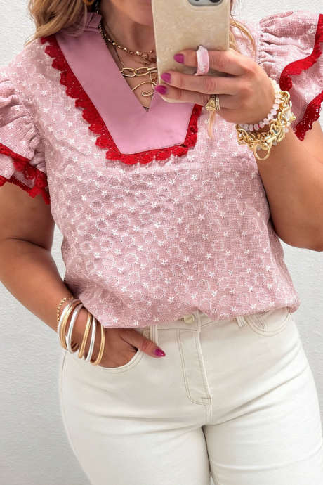 Pink Colorblock Lace Trim Ruffled Short Sleeve Plus Size Embroidered Top