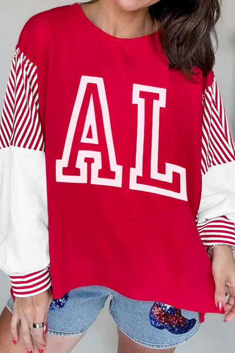 Fiery Red AL Letter Printed Color Block Striped Patchwork Baggy Sweatshirt LC25321152-P3