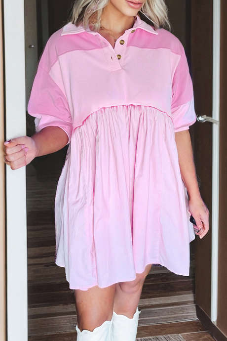 Różowa, patchworkowa sukienka mini z surowymi szwami i guzikami w blokach kolorystycznych, z kołnierzykiem polo LC6127186-P10