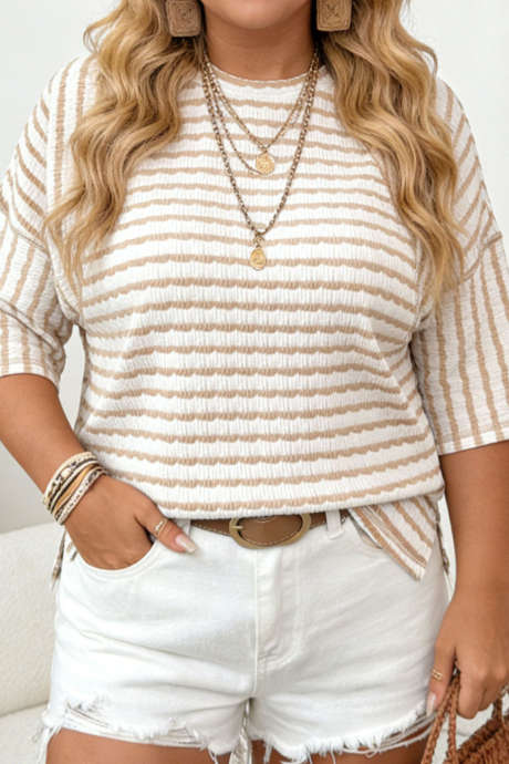 Apricot Stripe Plus Size Textured Patchwork Detail Half Sleeve Top