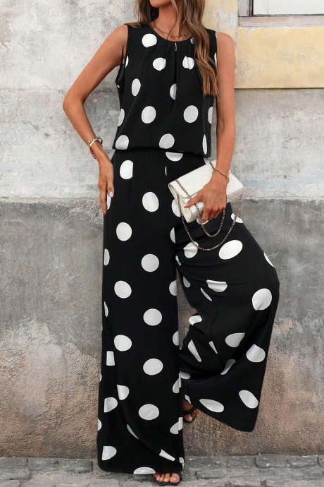 Schwarzes, gepunktetes, plissiertes Tanktop mit Rundhalsausschnitt und weitem Bein, lässiges zweiteiliges Outfit