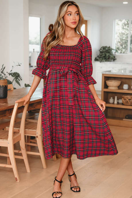 Red Tartan Plaid Square Neck Puff Sleeve Knot Waist Flared Midi Dress