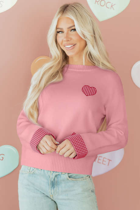 Light Pink Plaid Heart Embroidered Cuffed Drop Shoulder Crew Neck Sweater