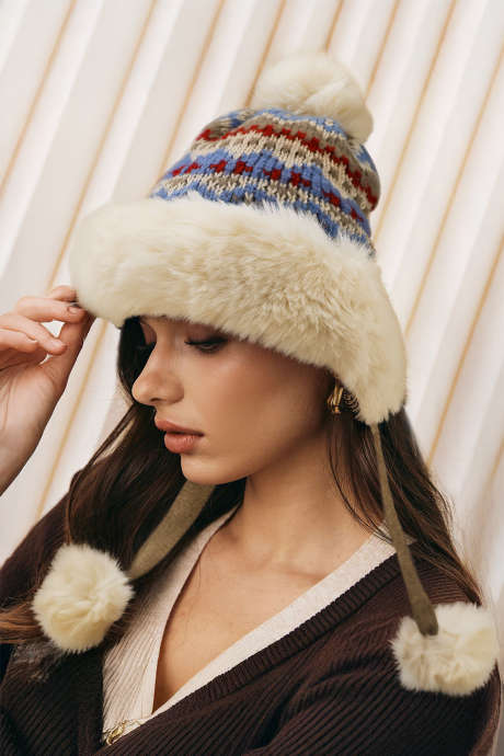 Czapka zimowa z pomponem, wełniana, dzianinowa, z podszewką z wełny i bawełny Fair Isle