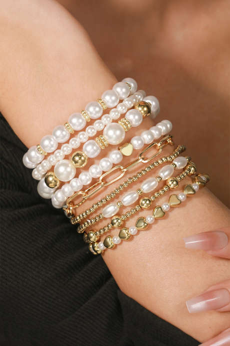 Gold 9-Piece Mixed Faux Pearl Bead Stretch Bracelet Set