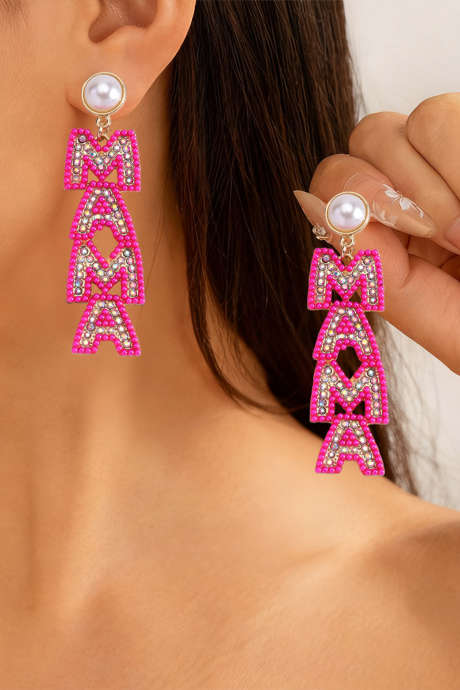 Rose Red MAMA Rhinestone Pearl Dangle Stud Earrings