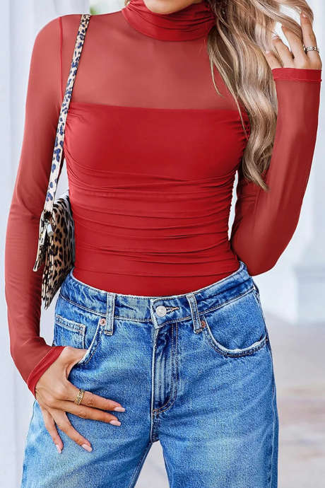 Fiery Red Sheer Mesh Patchwork High Neck Long Sleeve Top