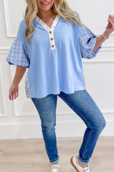 Beau Blue Color Block Plaid Bubble Sleeve Patchwork Blouse