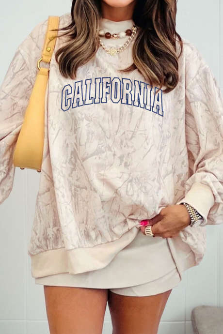 Sweat-shirt à col montant brodé CALIFORNIA, motif camouflage tie-dye kaki LC25321178-P1620