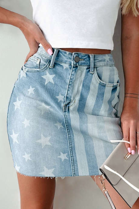 Sky Blue Stars Stripes Bleached Denim Skirt