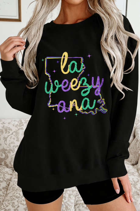 Bluza z nadrukiem Black la weezy ana Mardi Gras Graphic Pullover Sweatshirt LC25321172-2