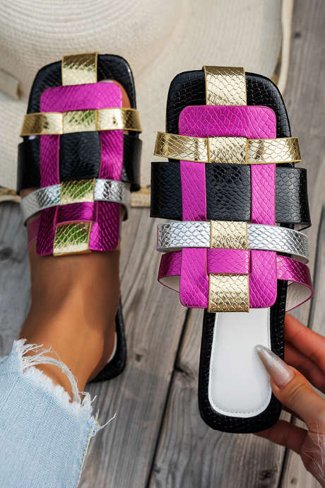 Czarne, metaliczne, tkane kapcie z kwadratowymi noskami Mardi Gras
