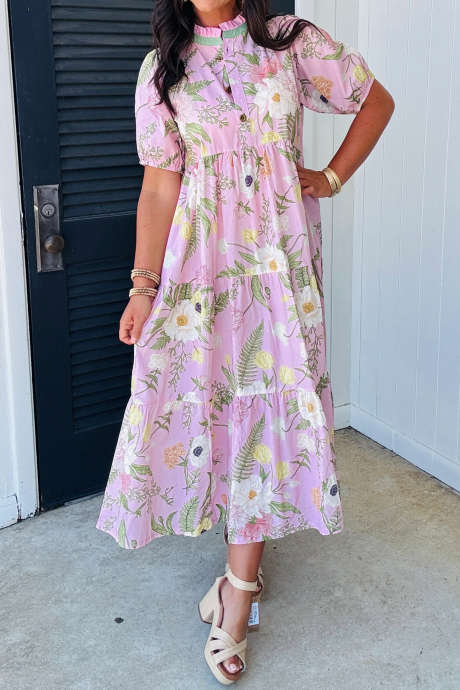 Pink Floral Print Short Puff Sleeve High Waist Tiered Maxi Dress