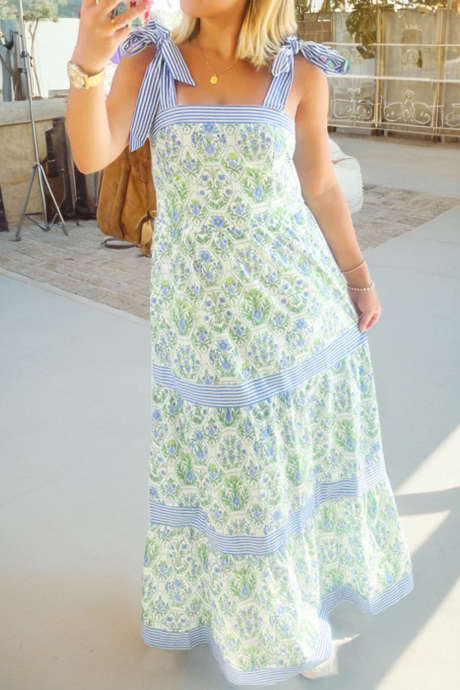 Rochie verde fără mâneci, cu imprimeu floral geometric și dungi, cu detalii patchwork