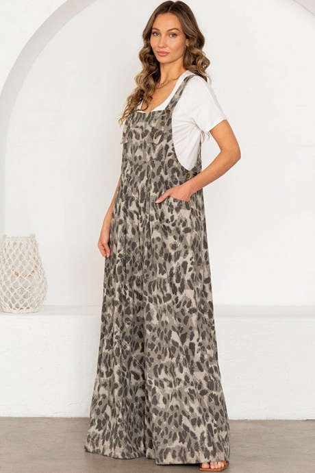 Brown Leopard Print Wide Leg Pleated Overall Jumpsuit