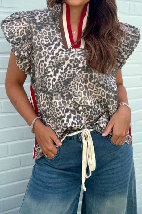 Gray Retro Leopard Print Striped Trim V Neck Flutter Sleeve Denim Blouse