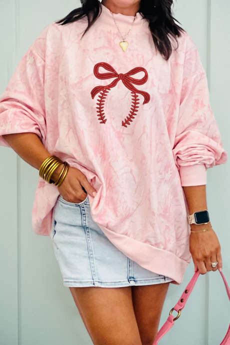 Rosa Tie Dye Camo Broderad Rosett Matchdag Häftig Halsringning Tröja